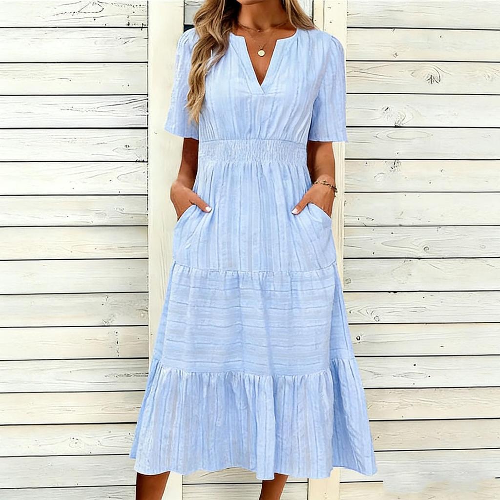 Women's Casual V Neck Dress with Gathered Puff Sleeves and Flared Hem Short Sleeve Midi Dress with Pockets