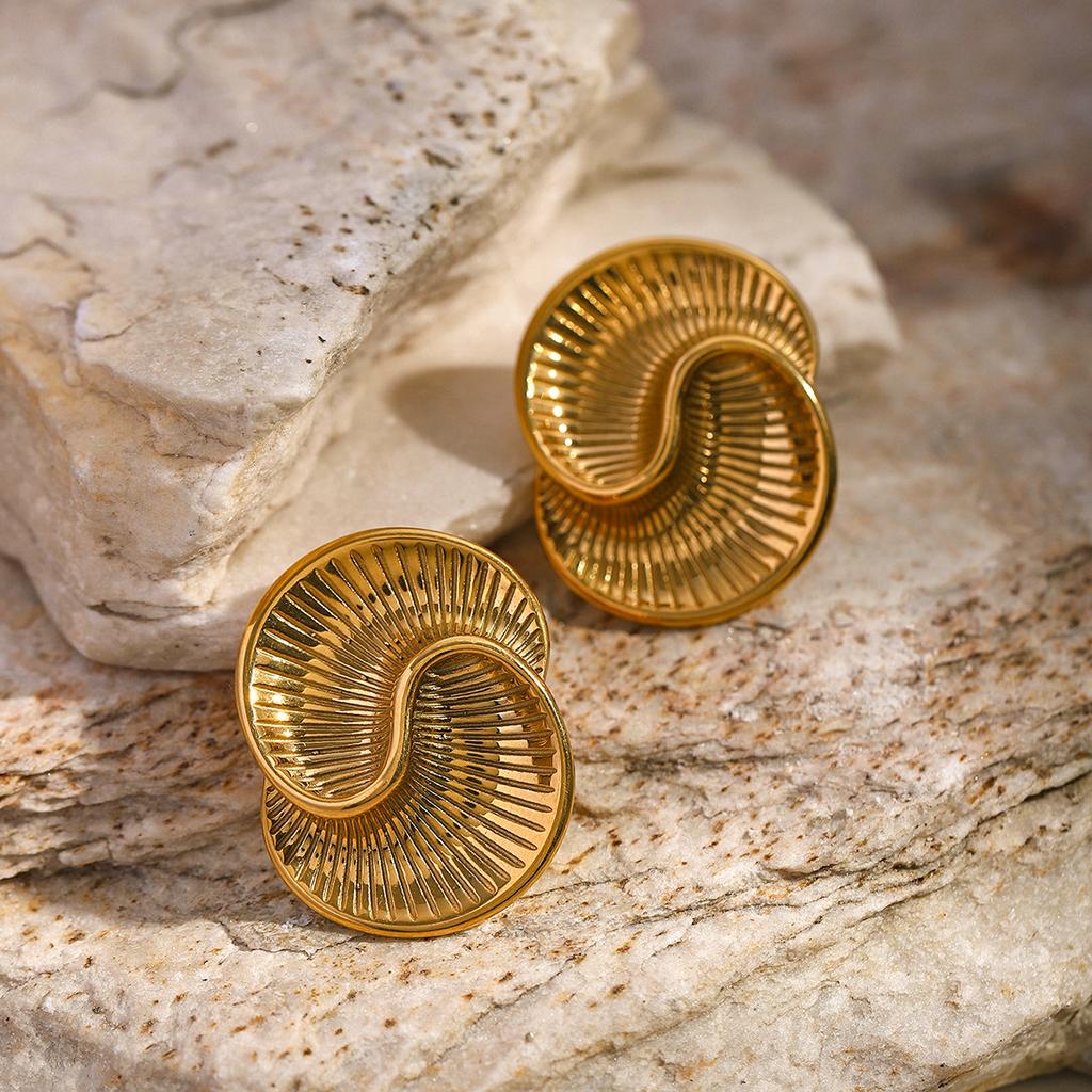18K Gold Stainless Steel Water Drop Texture Spiral Earrings Ins Wind European and American Internet Celebrity Titanium Steel Asymmetric Stud Earrings
