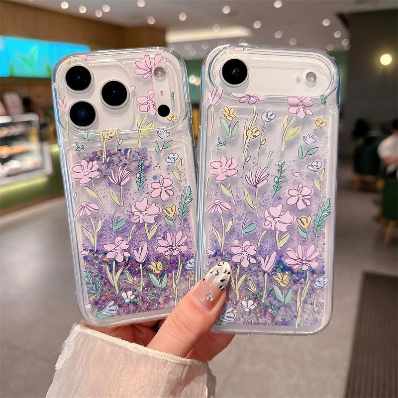 Grass Flowers Glitter Quicksand Case for iPhone 15 16 17 Pro Max Luminous Purple Moving Sand Glossy Liquid Cover Phone Fundas