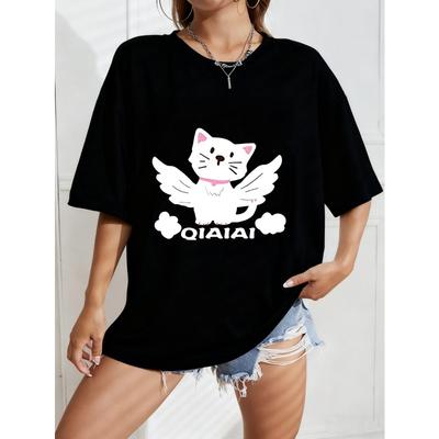Süßes Katze Engel Druck T-Shirt Weiß Cartoon Kitty Mit Flügeln Und QIAIAI Text Übergroßes Lässiges Oberteil Für Damen Tägliches Tragen Und Street Style