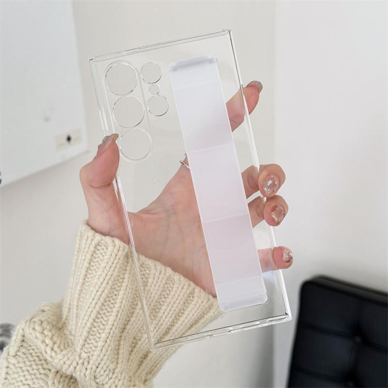 Handheld Silicone Elastic Wrist Strap Hard PC Phone Case For Samsung Galaxy S25 S24 S23 Ultra Plus Matte Clear Shockproof Cover