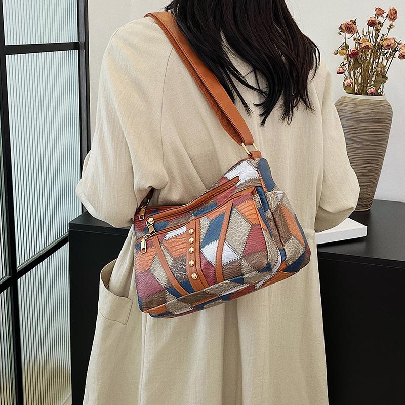 Middle-Aged Mother Bag Stitching Color Block Crossbody Bag Women Retro Multi-Compartment Large Capacity Shoulder Bag