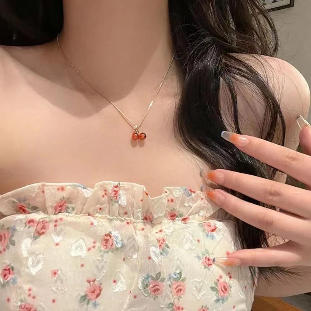Sweet Red Cherry Jewelry Set Shiny Gold Chain Necklace Dangle Stud Earrings Zircon Women Trendy Fashion Gift