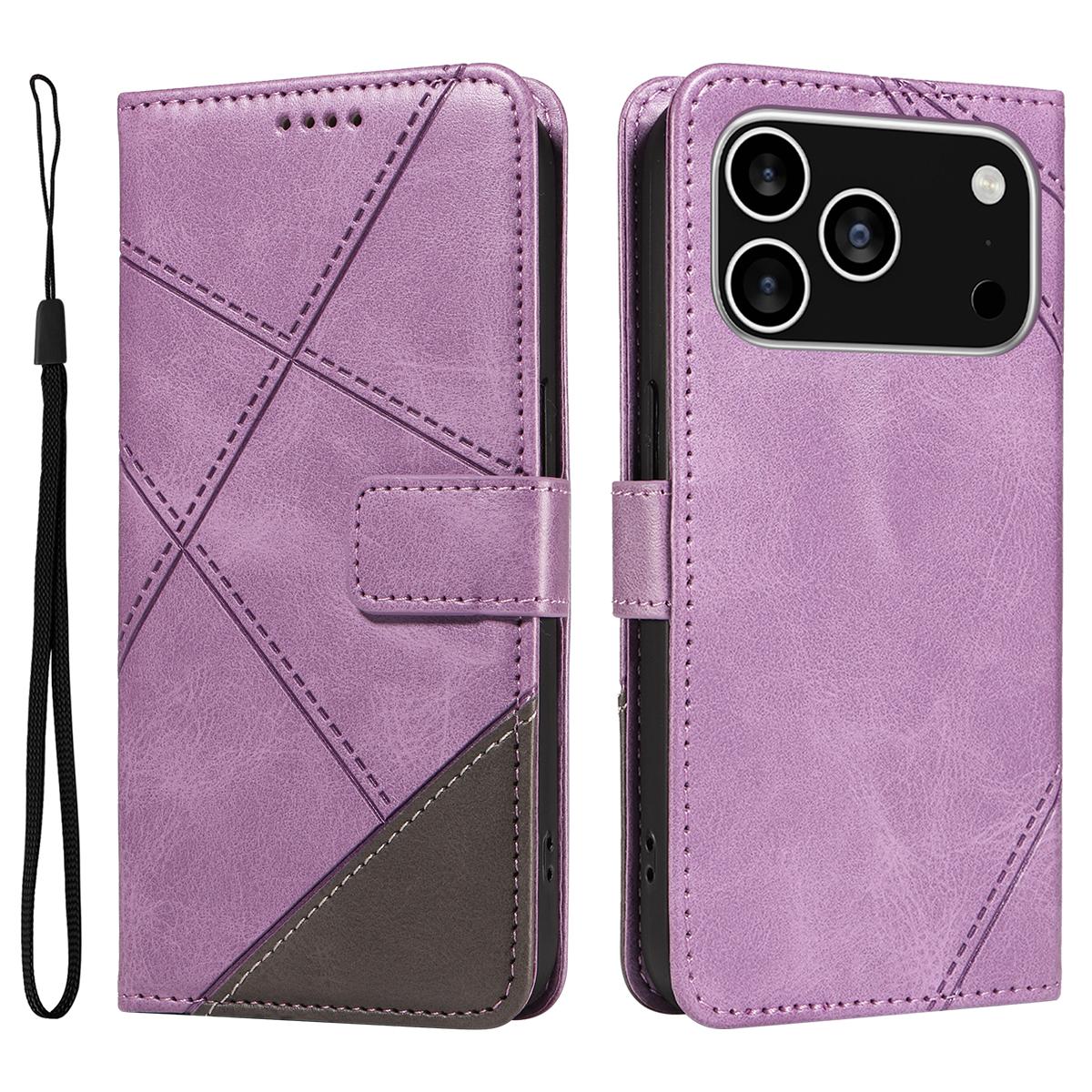 

For iPhone 17 Pro Leather Case Geometric Line Design Wallet Phone Cover with Wrist Strap Purple