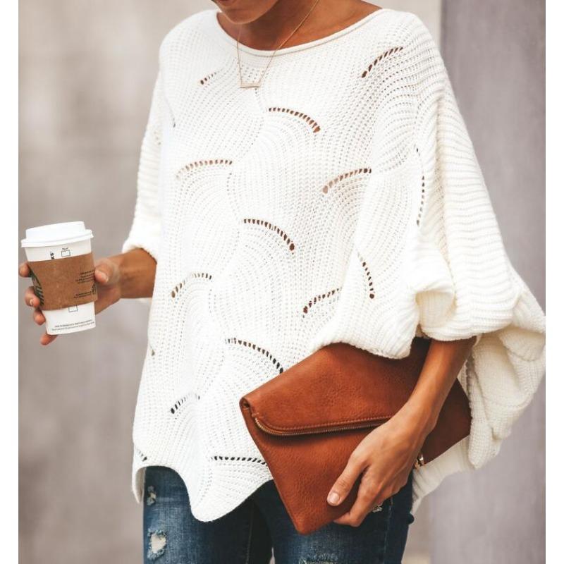 Women White Boat Neck Hollow Out Batwing Sleeve Oversized Knit Sweater