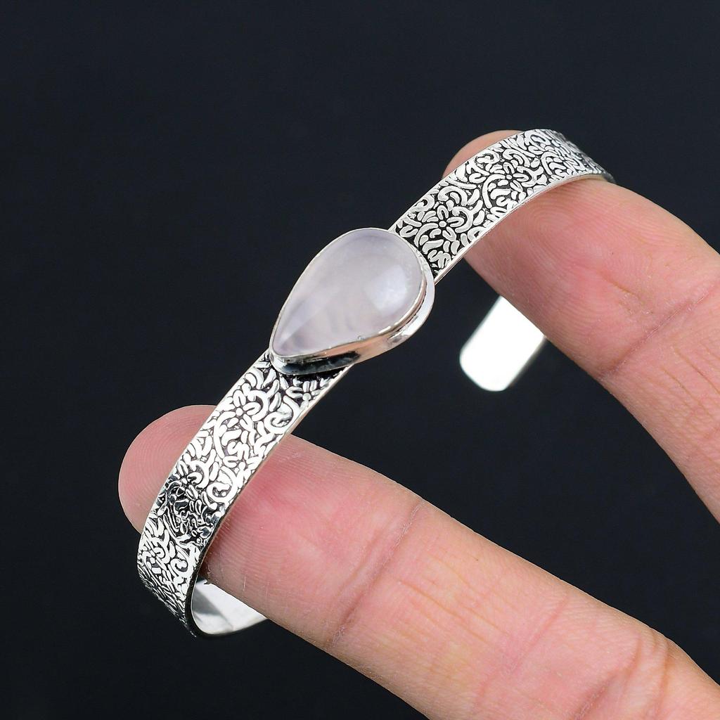 Promoção Dia da Amizade Prata 925 Pedra Quartzo Rosa Pera Aniversário Bracelete Joia