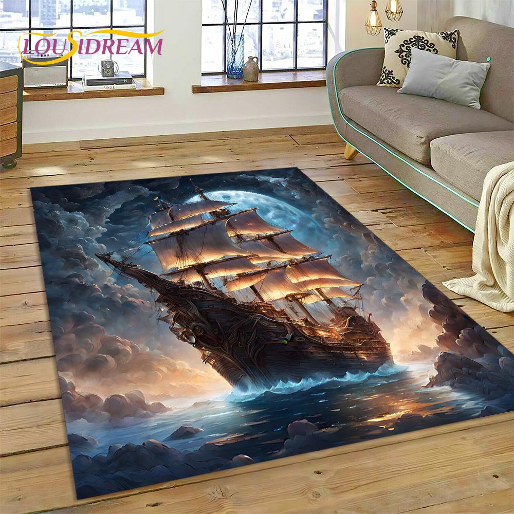 Ancient Pirate Ship Boat,Barque,Sailboa Rug Carpet for Living Room Bedroom Decor,Floor Mat Non-slip Decoration for Sofa Doormat