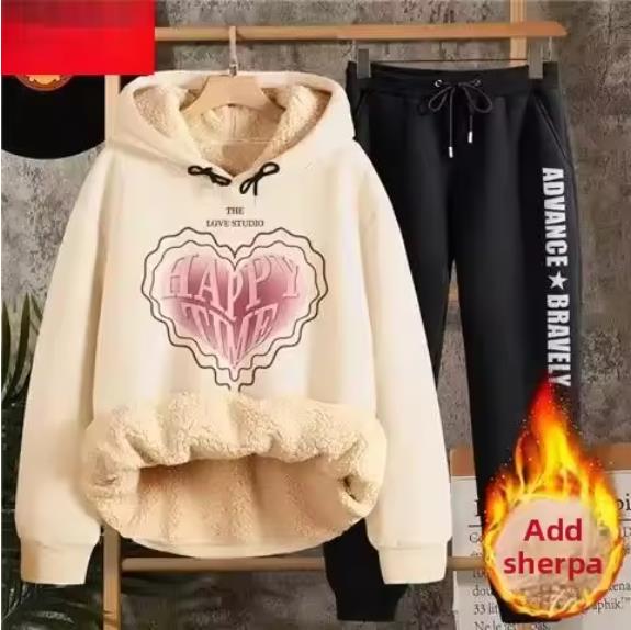 Jesień Zima Damski Zestaw Bluza z Kapturem z Wełny Jagnięcej Damska Pogrubiona Bluza Spodnie Długi Rękaw Długie Spodnie Strój Studencki