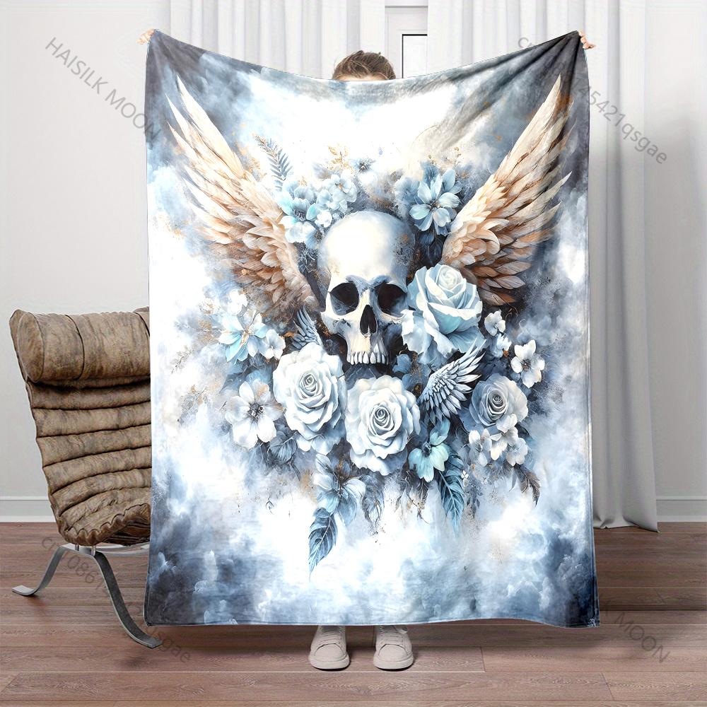 1PC Skeleton Angel Flowers Print Blanket Warm Soft Fluffy Kids Adult Luxury Gifts for Sofa Bed Home Outdoor Travel Camping