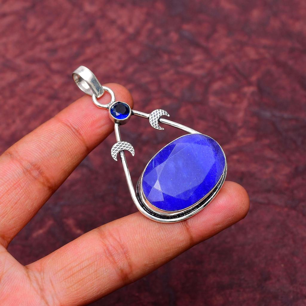 Blauer Saphir Edelstein Anhänger : 925er Sterlingsilber Handgefertigter Schmuck Anhänger