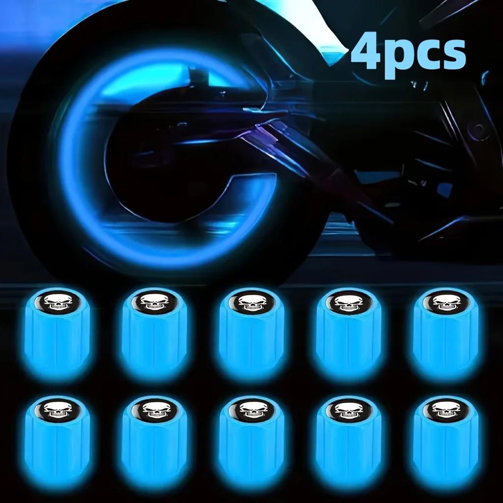 4 new fluorescent skull tire valve covers, fashionable luminous wheel hub valve caps suitable for cars