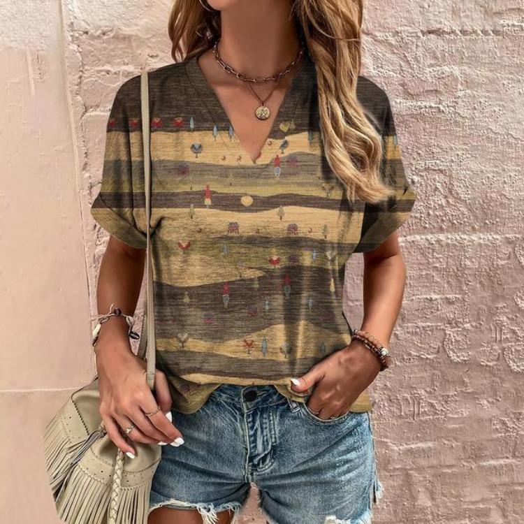 Retro Harajuku Women's Casual V-Neck Short Sleeve Summer Streetwear Pullover T-Shirt Tops New Fashion Stripe Print Tee