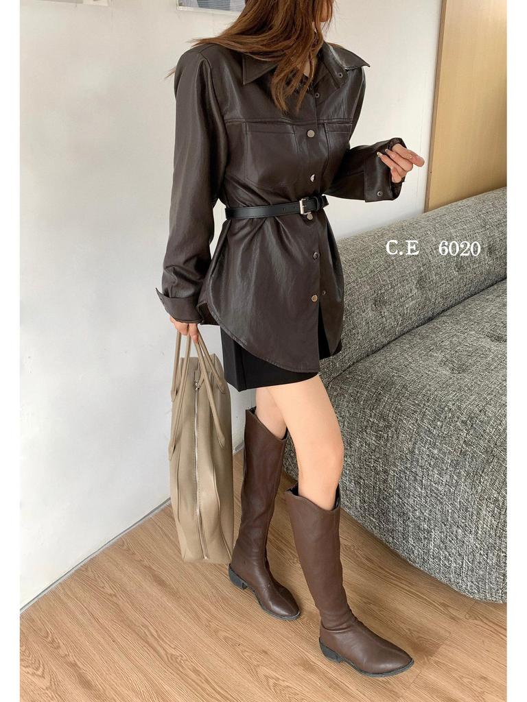 Vintage-Inspired Women's Leather Jacket - Loose Fit, Long Sleeve, Trendy American Influencer Style, High-End Korean Fashion.