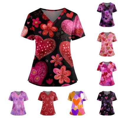 Women's Valentine's Day  Printed V-Neck Double Pocket Short Sleeves Hem Slit  Uniform Caregiver Top