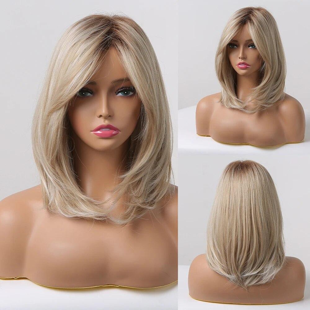 Short Straight Bob Synthetic Wigs with Bangs for Women Brown To Blonde Wig Cosplay Party Daily Heat Resistant Fiber Hair