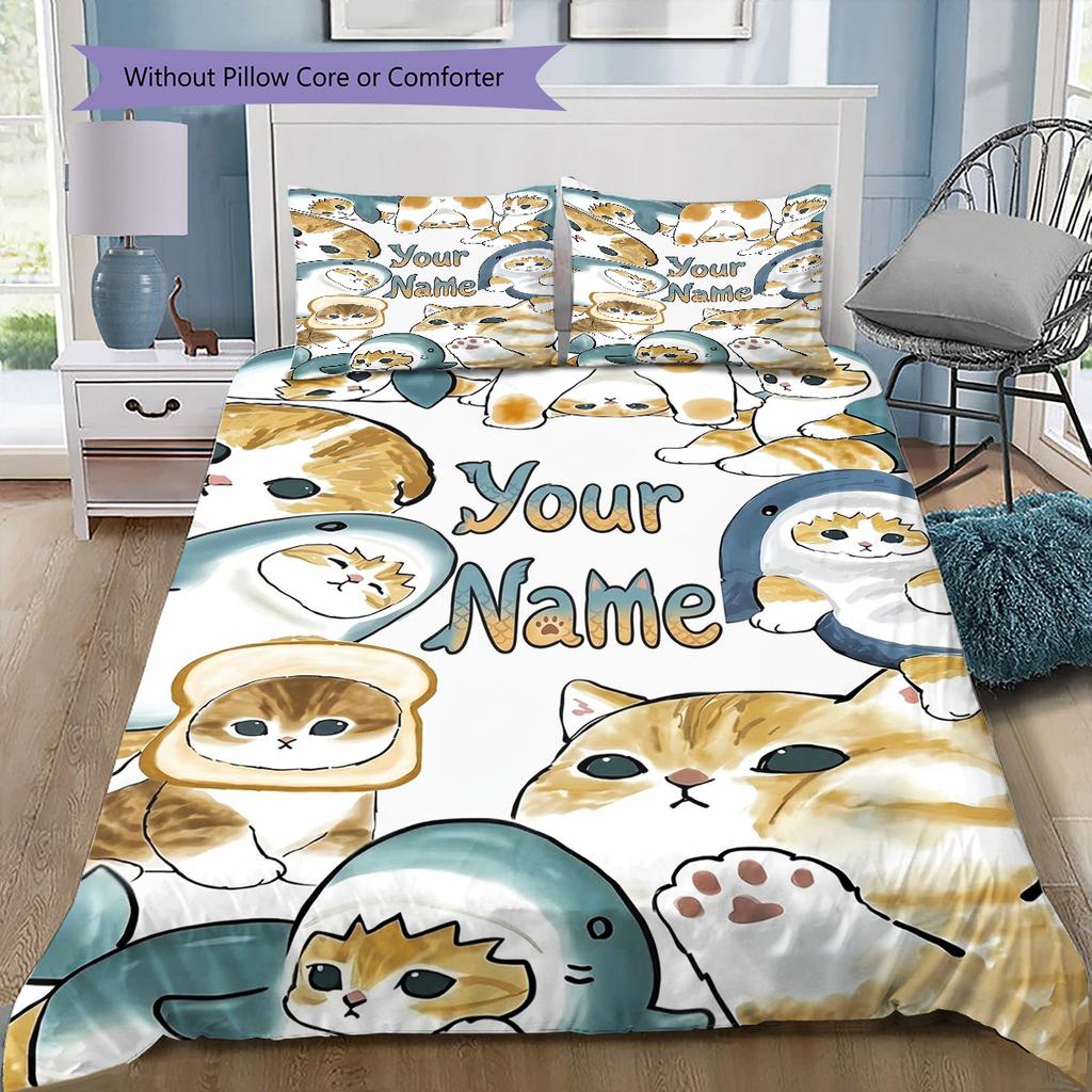 Cat Donut Duo Custom Name Pattern Bedding Quilt Set Quilt Cover Pillowcase Home Birthday Gift(1 * duvet cover + 2 * pillowcase, without core)