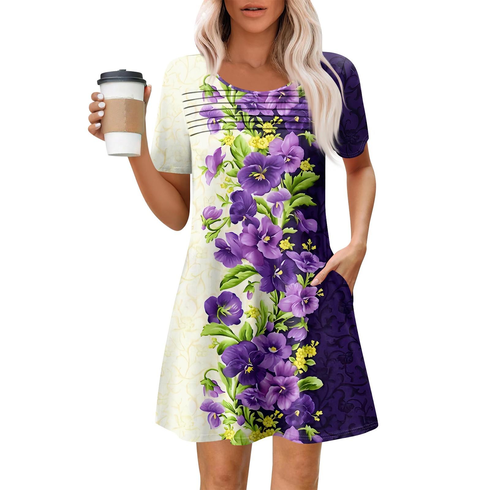 

Женские летние повседневные платья с круглым вырезом, плиссированные, с карманами, с принтом, с коротким рукавом XL