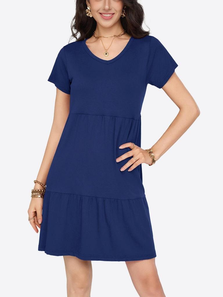 Womens V Neck Tiered Dress Short Sleeve Loose Casual Knee Length Dress