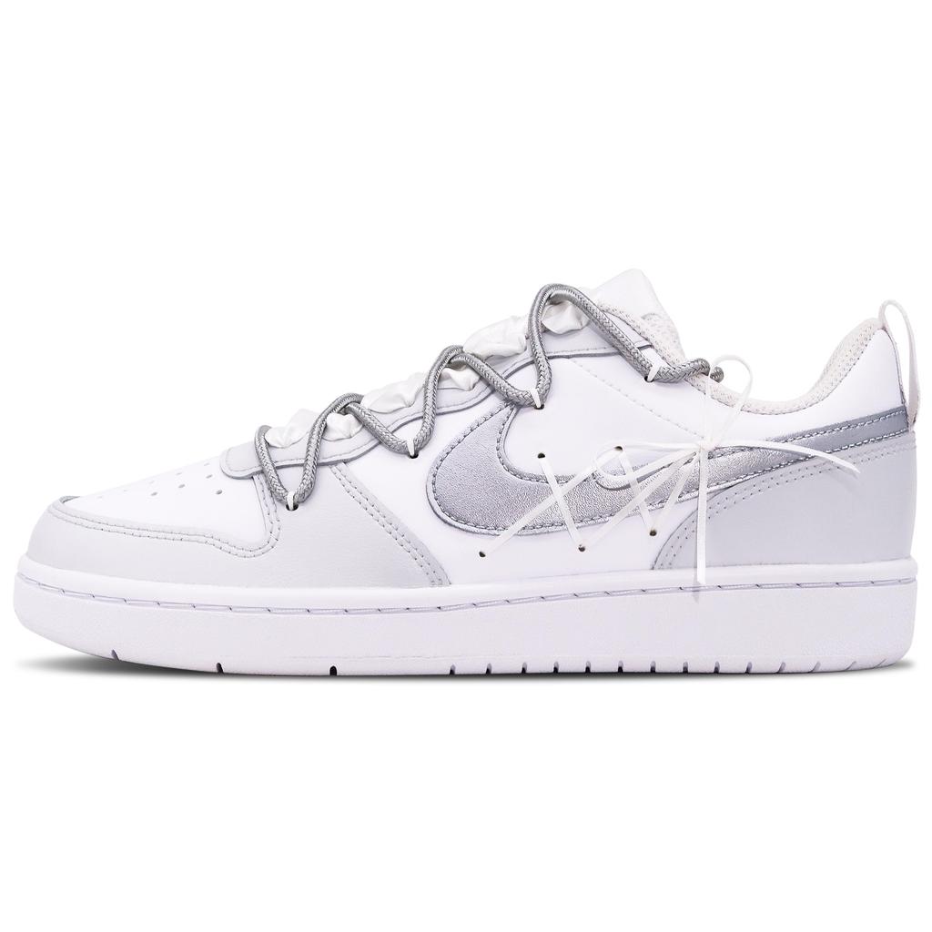 Nike Court Borough Low Leder Niedrig geschnittene Skateboard-Schuhe Damen Weiß Silber BQ5448-100(Team52-S-BOX)