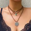 Vintage Turquoise Pendant Flower Plate Flannel Necklace Niche Ethnic Style Flannel Harajuku Necklace
