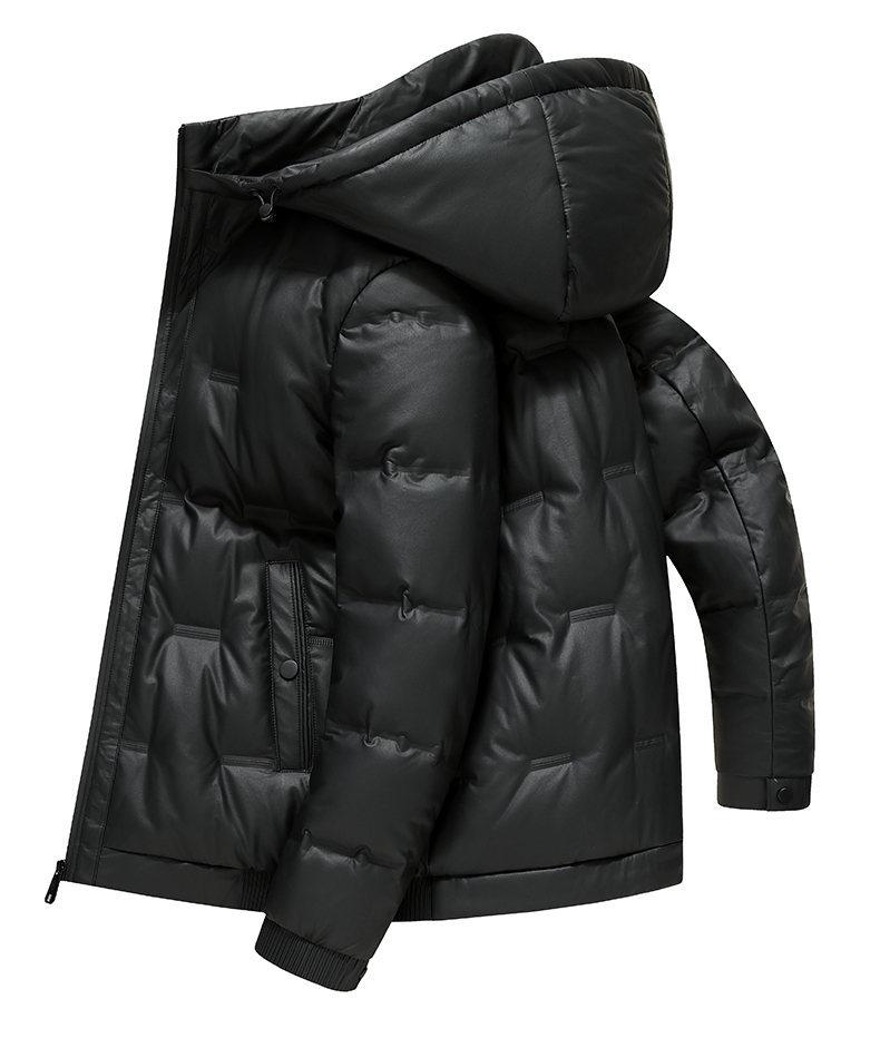 2025 Winter Men's Shiny Leather Hooded Down Jacket - Casual, Warm, Pure Color Outerwear