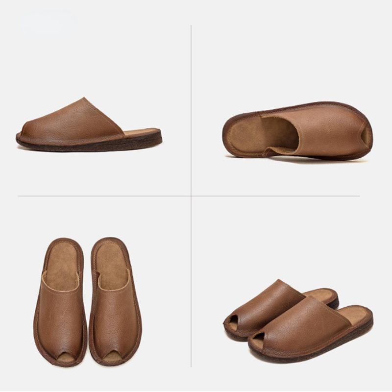 Johnature Pantofole piatte traspiranti con suola morbida Ciabatte aperte vintage in vera pelle Scarpe da donna versatili