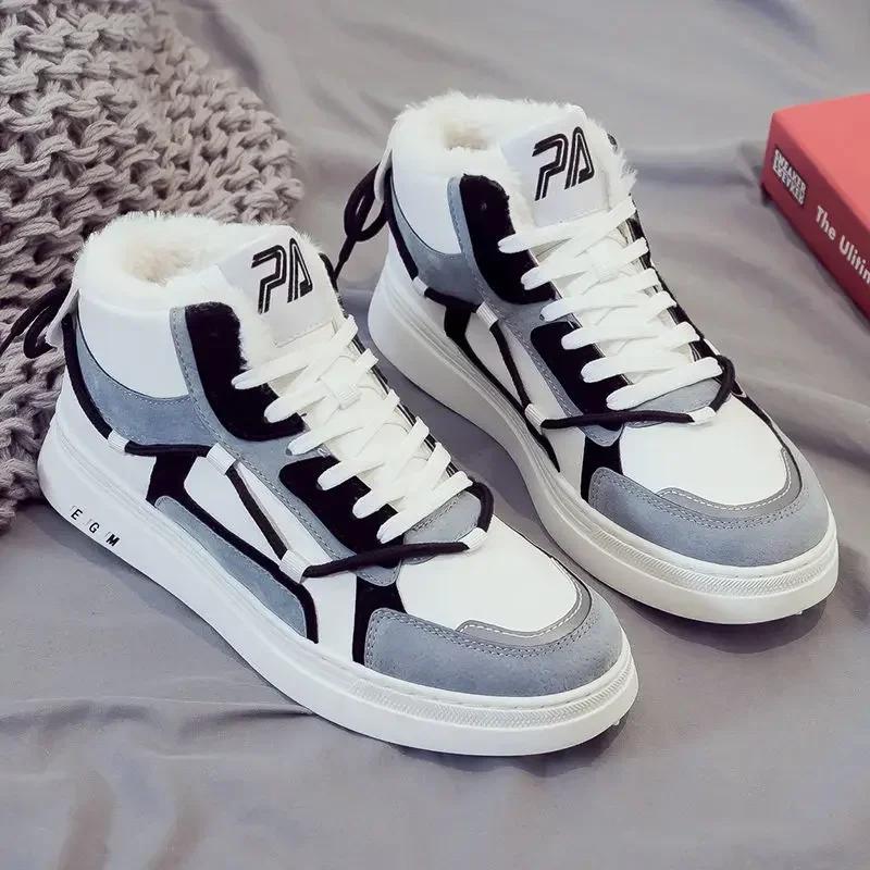 Mode Warme Kältefeste Winter-Sneaker Schuhe Herren High Top Schneesportstiefel für Herren Dickes Plüschschuhwerk Fell Rutschfest Originalangebote