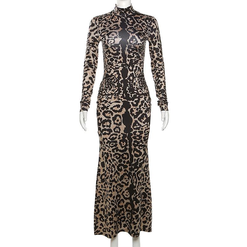 Sexy langermet perspektiv Leopard Stretch lang kjole for kvinner