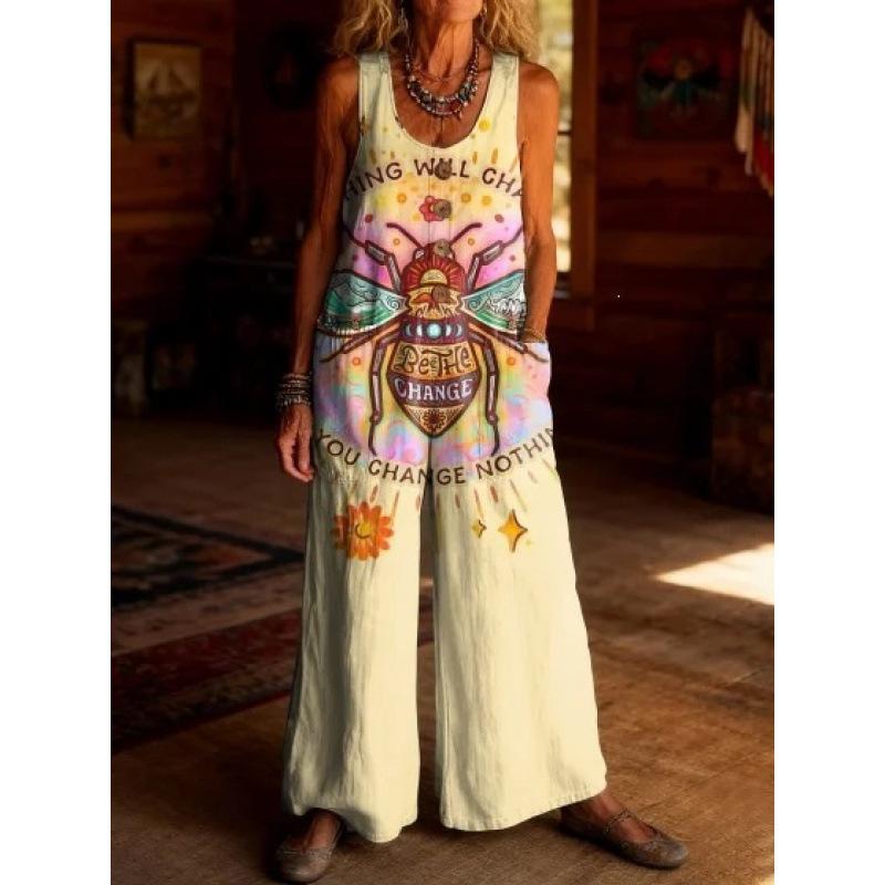 2026 Women's Vintage Summer Cotton and Linen Button Pocket Comfortable Sleeveless Casual One-piece Wide Leg Jumpsuit