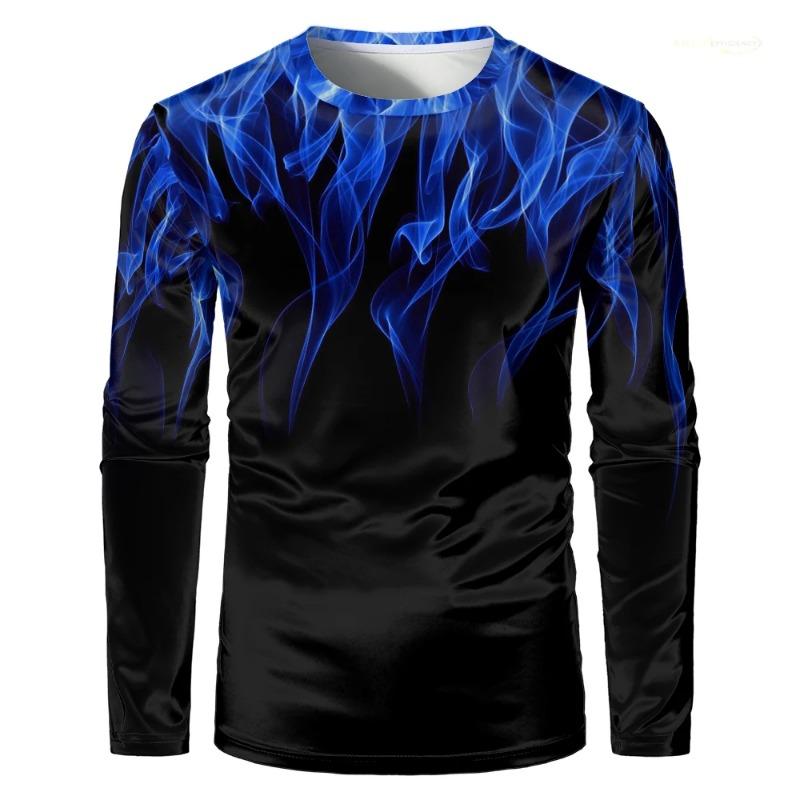 Fashion polychrome Flame 3D Printed Men  Long Sleeve T-shirt Personality Funny T Shirts Retro Street Loose Trend Pullover Tees