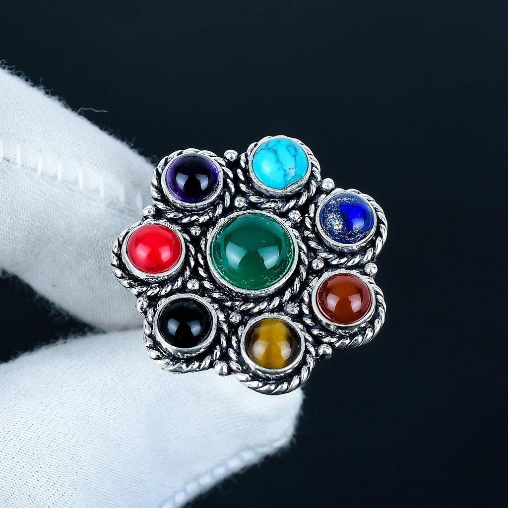 7 Chakra Edelstein Handgefertigt 925 Sterlingsilber Ring - Böhmischer Schmuckring - Handgefertigter Boho-Schmuck für Frauen & Männer, Geburtstagsgeschenke