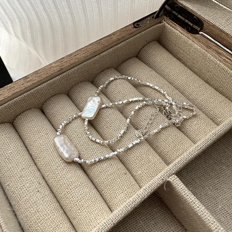 Korean Geometric S925 Sterling Silver Pearl Necklace - Irregular Layered Clavicle Chain