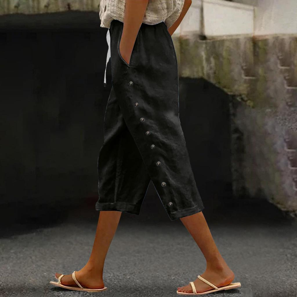 Women's Fashion Loose Casual Splicing Button Drawstring Solid Color 3/4 Pants