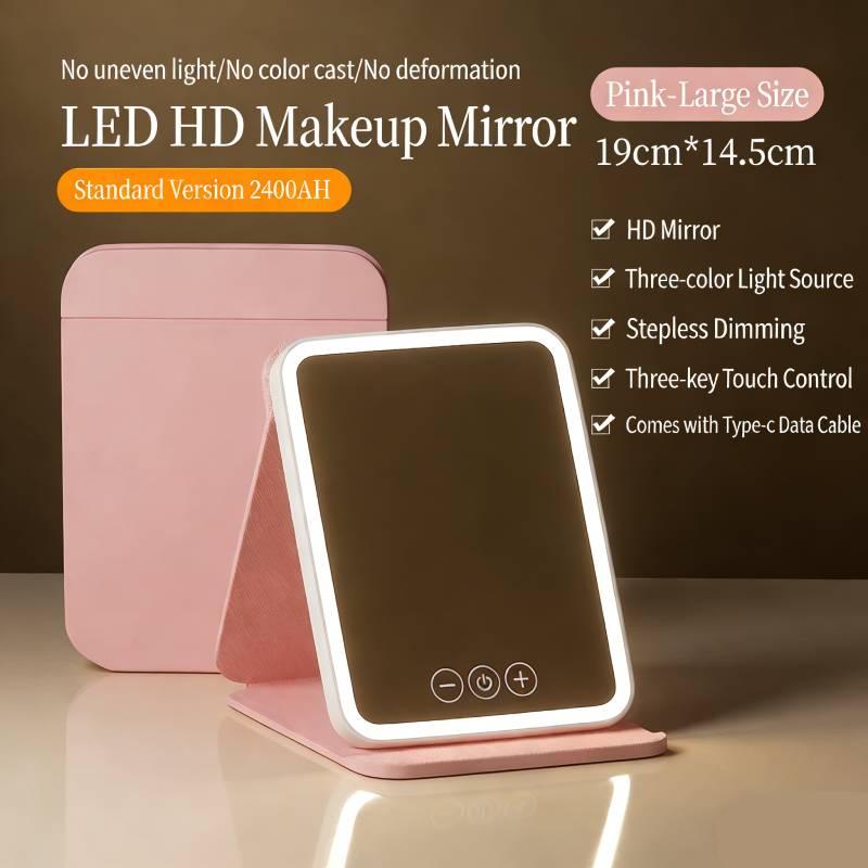 

3 Colors Dimmable Led Makeup Mirror With Touch Screen Fold Cosmetic Makeup Mirror Rechargeable Tabletop For Travel рожевий