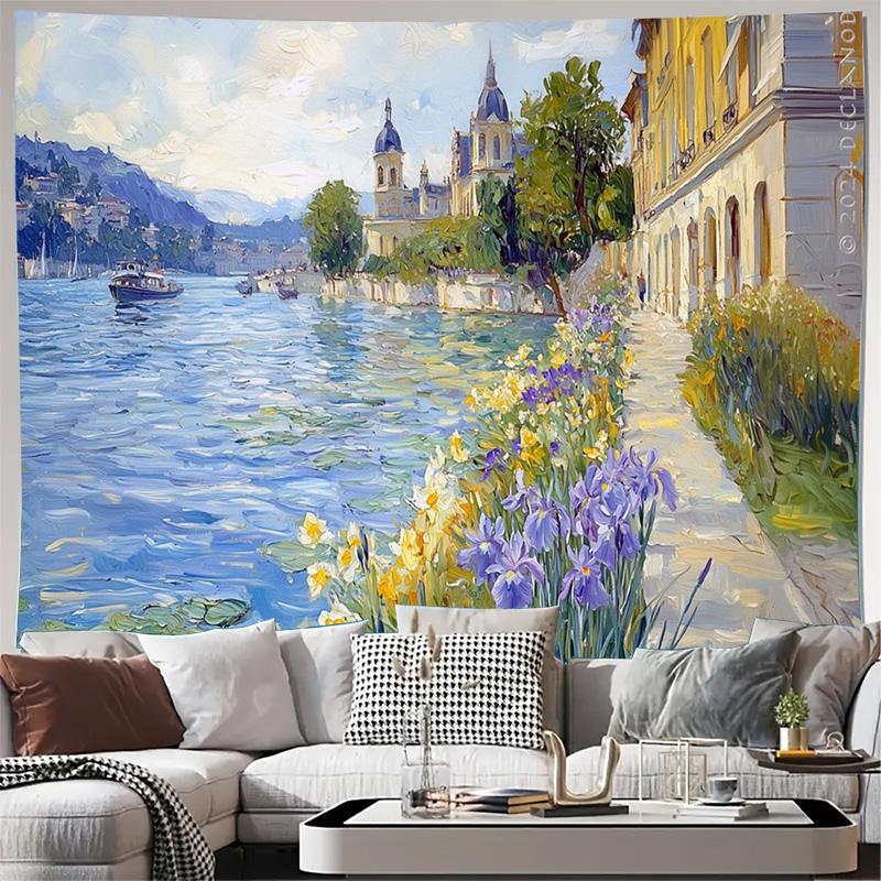 River Landscape Floral Bridge Cityscape Wall Tapestry Machine Washable All Season Decor Print Impressionist Nature Design Home