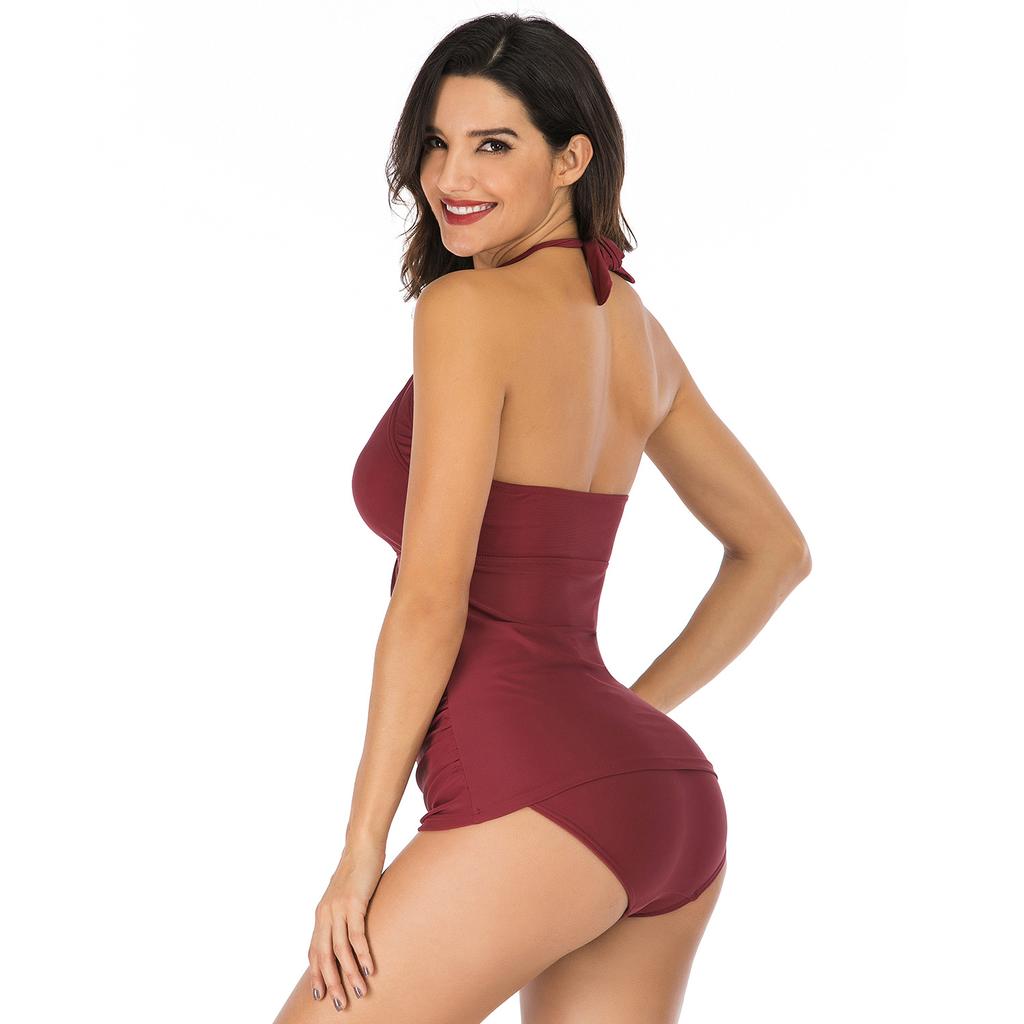 Damski gładki strój kąpielowy Tankini z wiązaniem na szyi bez pleców Bikini Kostium kąpielowy Dwuczęściowy Wysokorozciągliwy Sportowy strój kąpielowy
