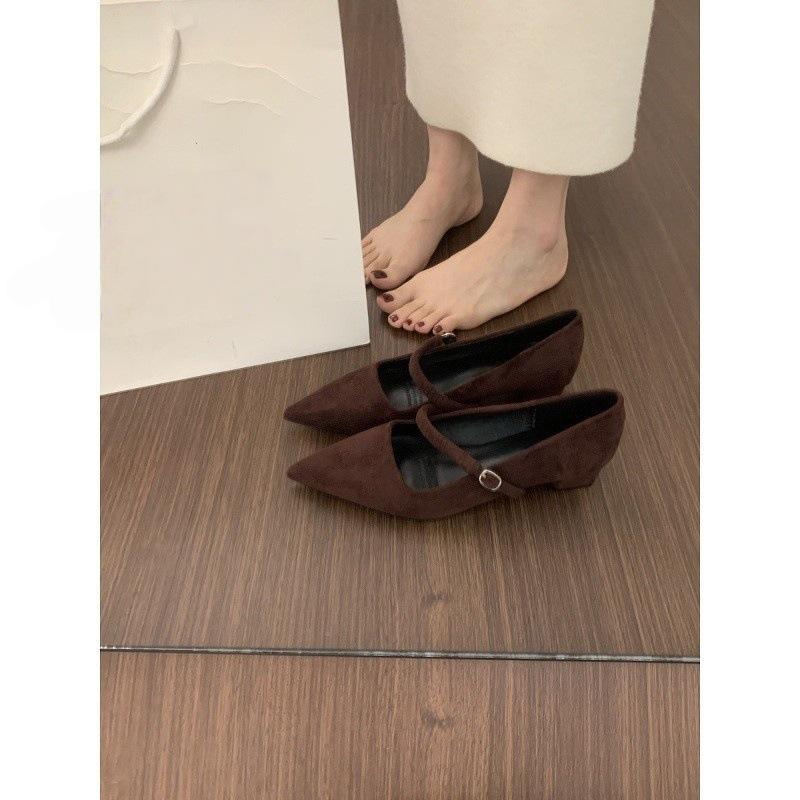 Korean version of versatile evening wind suede pointed single shoes women's 2025 new one-word with light mouth low heel thick heel commuter shoes