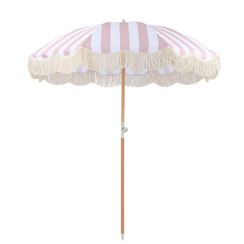 European Style Rotatable Patio Umbrella with Tassel Edge - Wooden Pole and Sunshade for Garden, Beach, Pool, and Terrace
