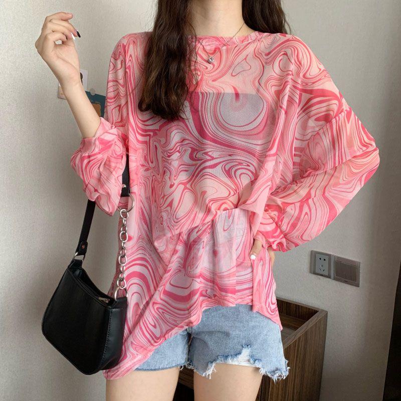 Tie-Dye Water Wave Pattern Mesh Sun Protection Cover-up Summer Trendy Korean Style Loose Long-sleeve Internet Celebrity T-shirt Sheer Top