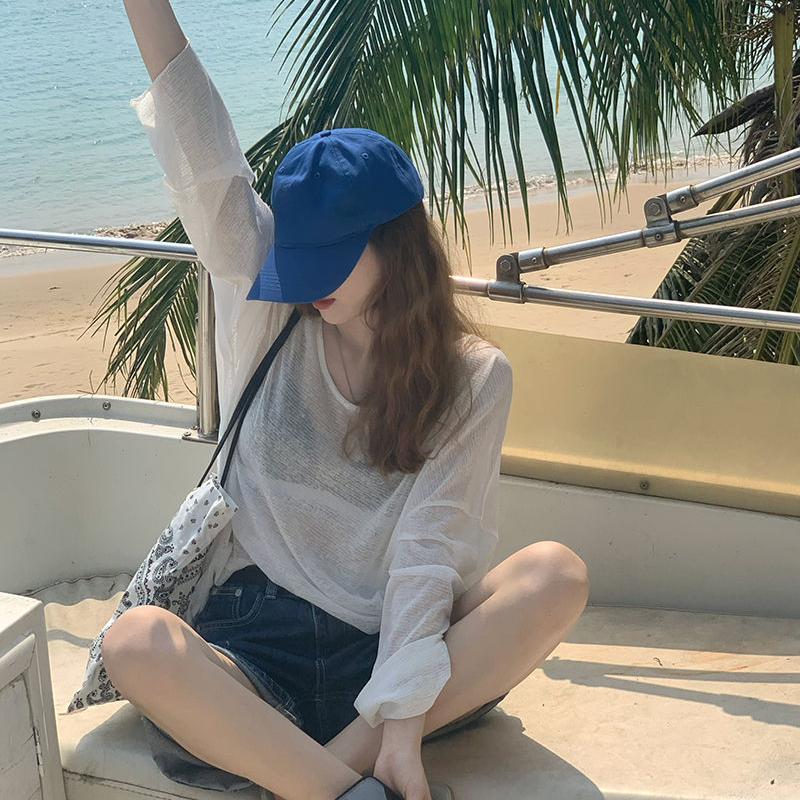 V-neck Sun Protection Shirt Cover for Women's Summer Thin Style, Paired with Ice Silk T-shirt Cover, See Through Long Sleeved Top