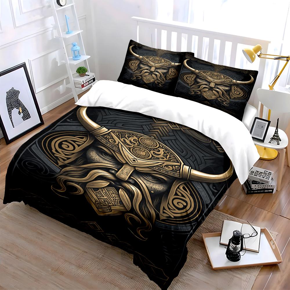 Viking Warrior Design Black Gold Bedding Set Bedding Set (1 Duvet Cover, 2 Pillowcases, Duvet Not Included)