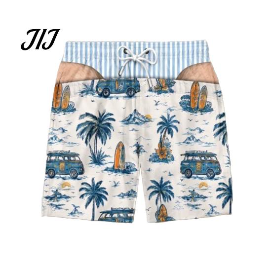 Regalo Scherzo Festivo per Uomini Pantaloncini a Fondo Hairy Grande, a Strisce da Spiaggia con Bandiera USA, Mutande Scherzose per Addio al Celibato, Costumi da Bagno Divertenti Estivi