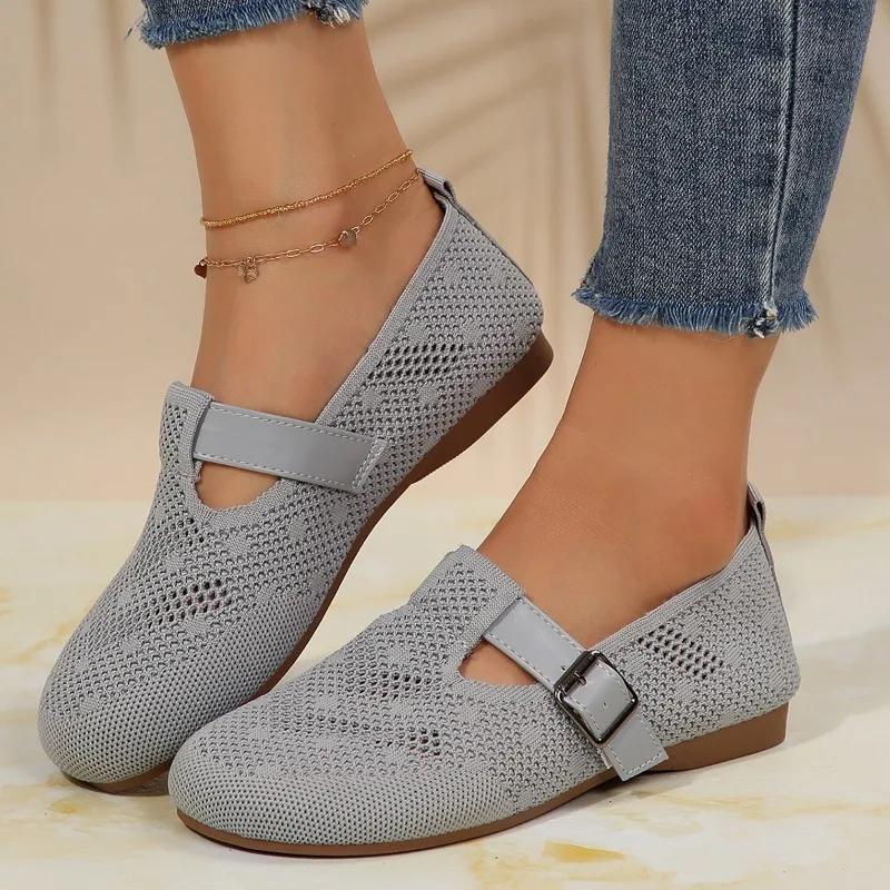 2024 Spring and Autumn Fashion Women's Shoes New Round Toe Solid Color Low Heel Mesh Breathable Buckle Women's Flat Shoes