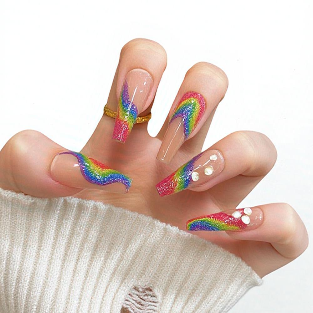 

3D Rainbow Pearl Medium Ballet Manicure Tips - Trendy Wearable Nail Design