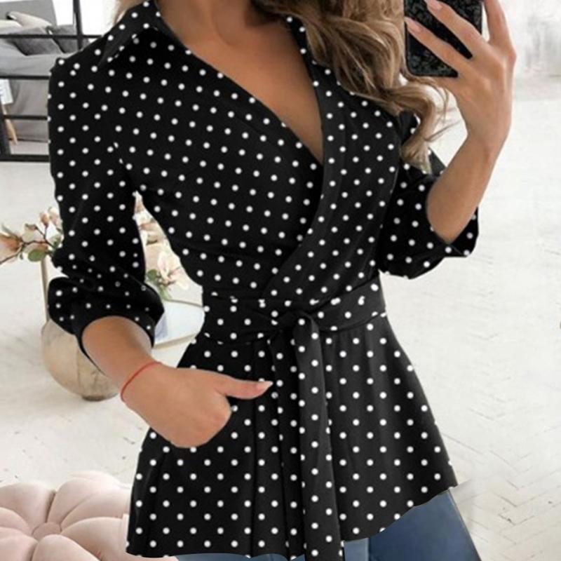 Women's Autumn Printed Long Sleeve V-Neck Belted Shirt