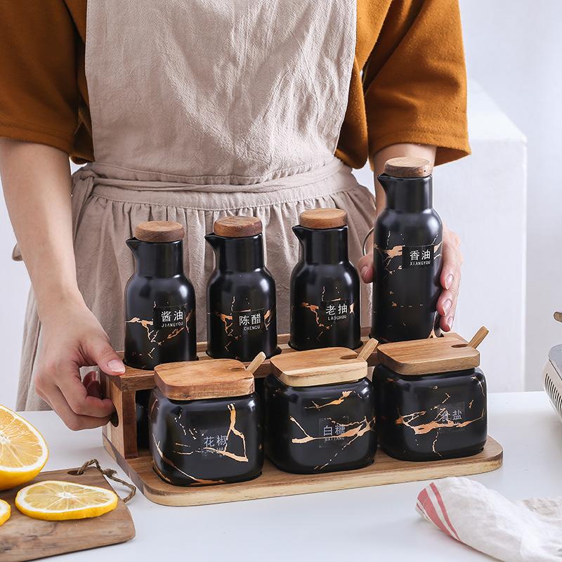 Kitchen Seasoning Box Set Oil Bottle Combination Creative Household Double Ceramic Seasoning Jar Salt Jar Seasoning Bottle