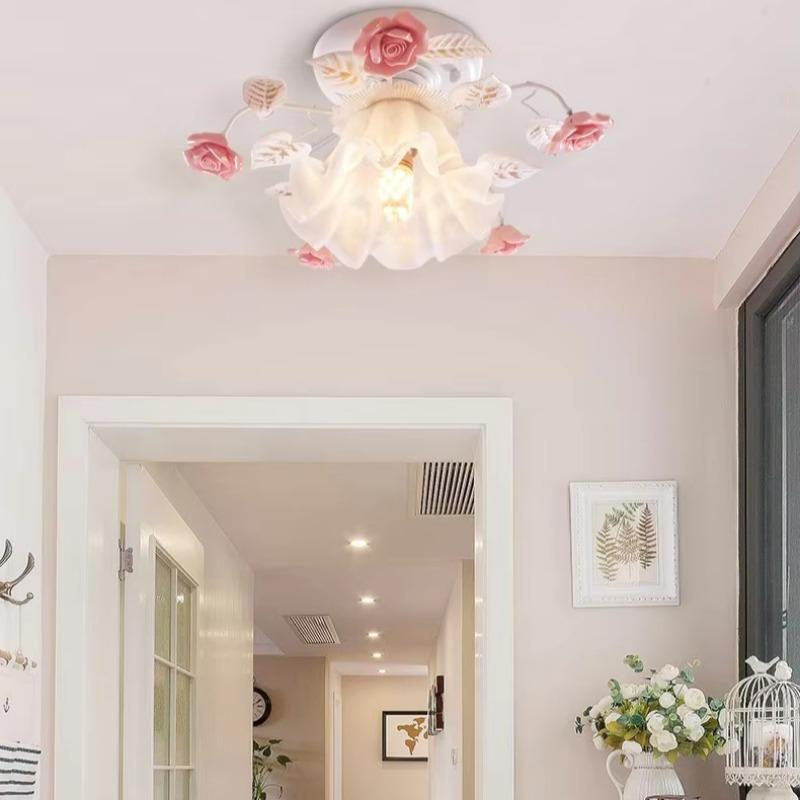 Pastoral Ceiling Lights Rose Wrought Iron Flower Lamp Porch Aisle Mount Ceiling Lamps Kitchen Home Lighting