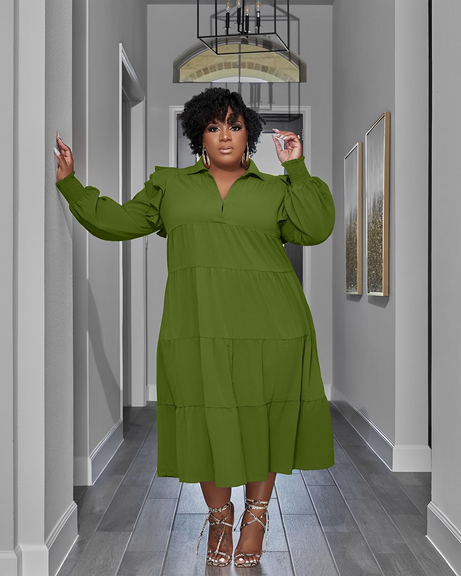 

Жіноча весняно-осінь модна сукня з довгими рукавами великого розміру Жіноча суцільна однотонна сукня з відкладним коміром XXXXXL армія зелений колір