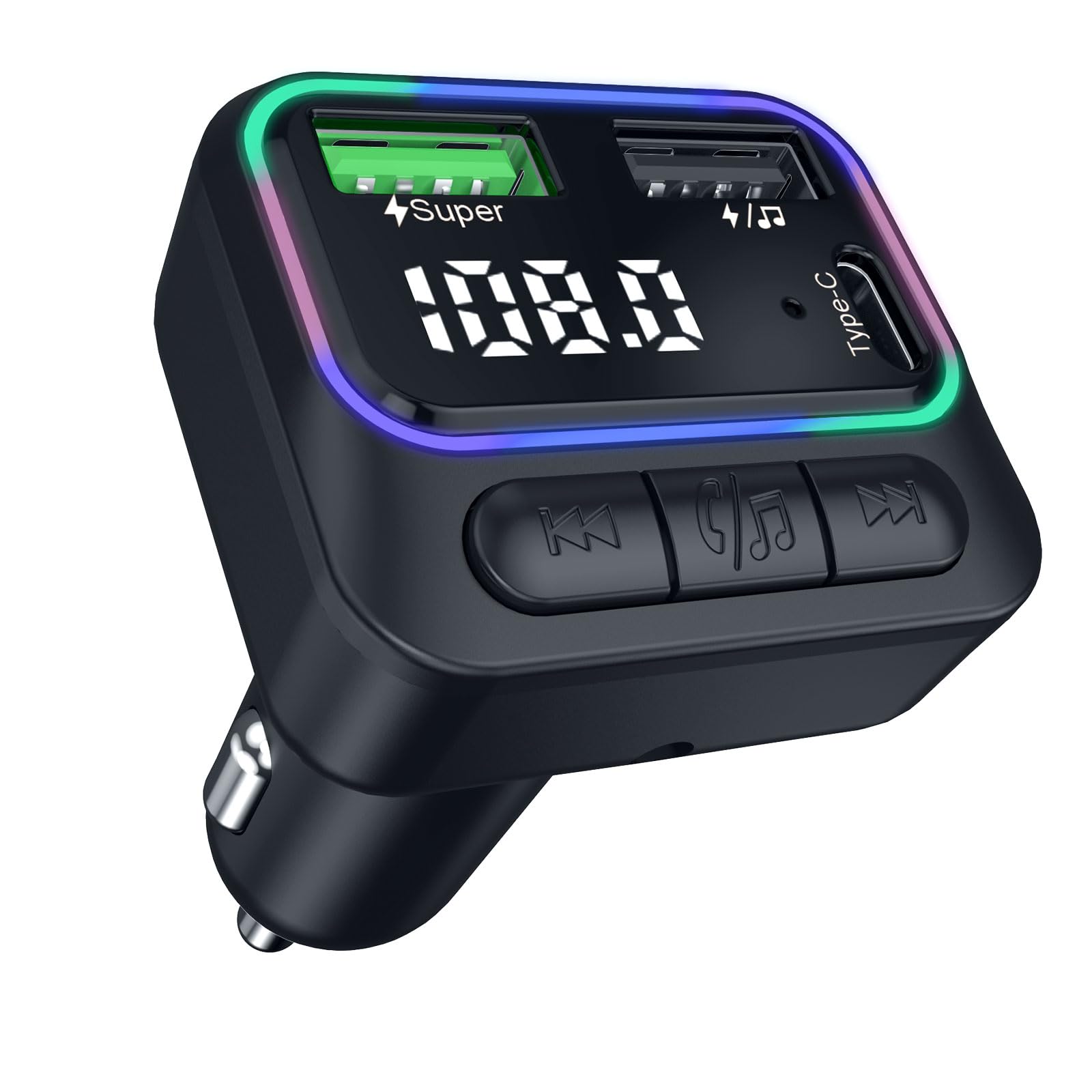 

MEYDLL FM Transmitter, Bluetooth 5.0, Car Charger, QC3.0 Rapid Charging, 2 USB Ports, Type-C 7x5x12cm