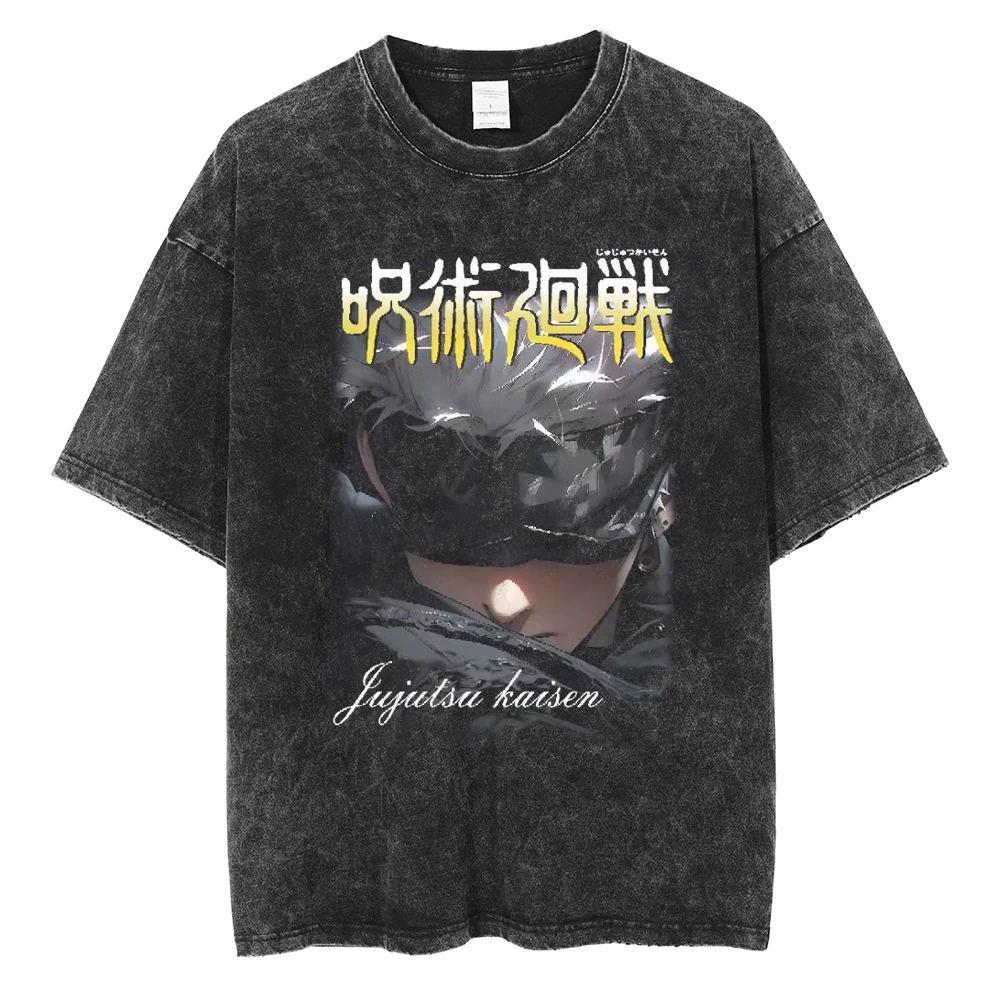 Anime Jujutsu Kaisen Gojo Satoru Fushiguro Toji Print Tee Men Washed Cotton Tshirts Casual Manga T Shirt Harajuku Male T-shirt